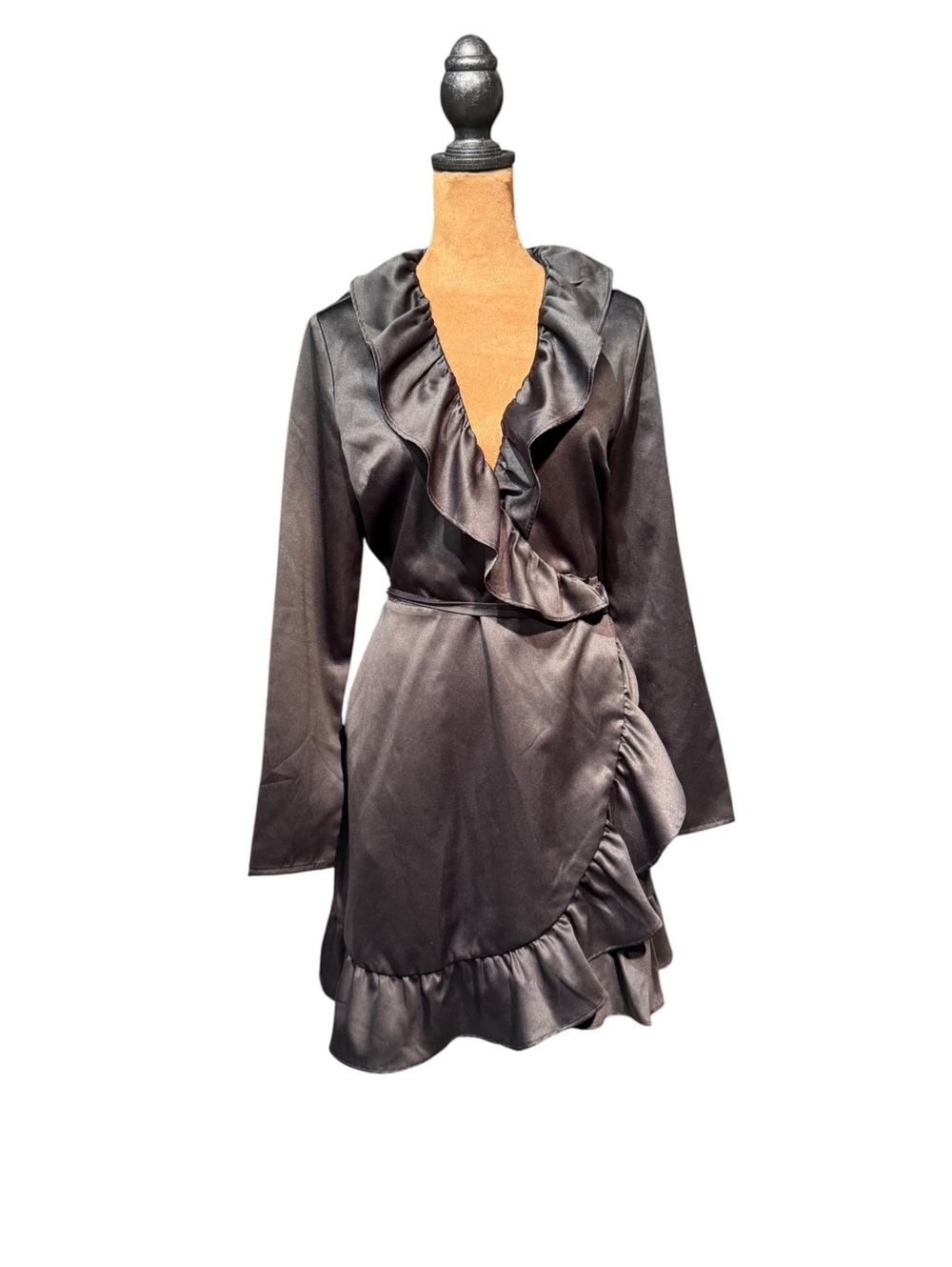Bar III Black Satin Ruffle Wrap Dress